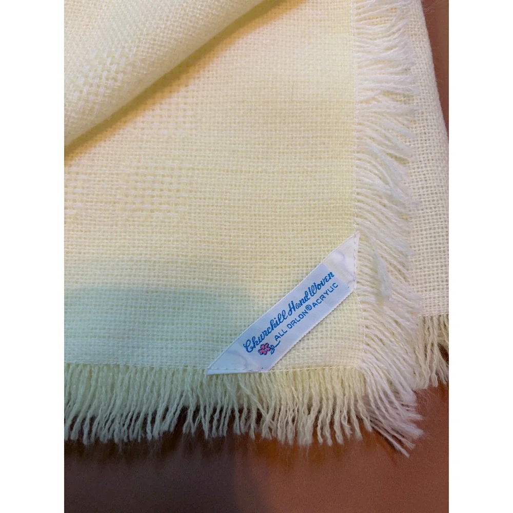 Churchill‎ Hand Woven Vintage Yellow Baby Blanket Orlon Acrylic Fringed 36x36
